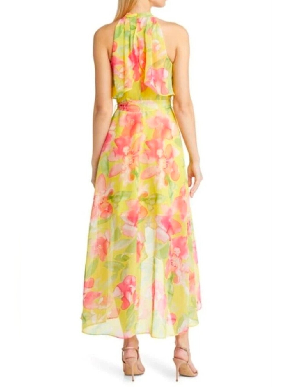 ELIZA J | NWT Yellow Pink Floral Halter Neck High Low Belted Dress Size 18 - Picture 2 of 13